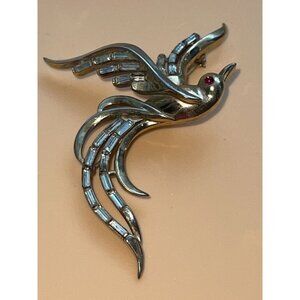 Vintage Crown Trifari Bird Of Paradise Brooch With Red Cabochon Eye Rhinestones